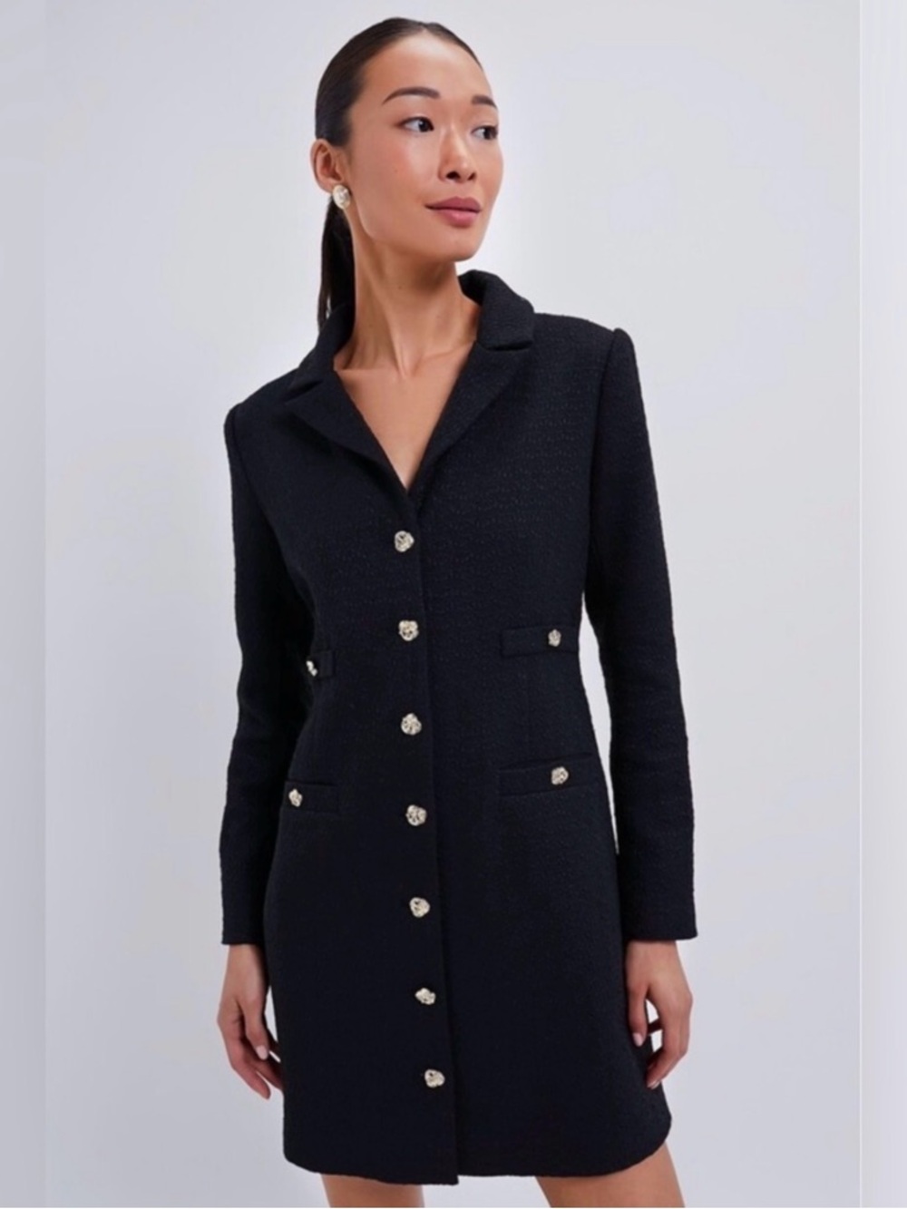 Tuckernuck Black Tweed Mini blazer Coat Dress with Gold Buttons S